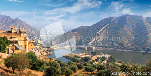 Image of View of Amer Amber fort and Maota lake, Rajasthan, India