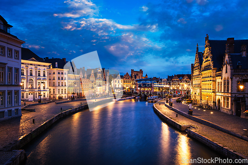 Image of Graslei street and canal in the evening. Ghent, Belgium