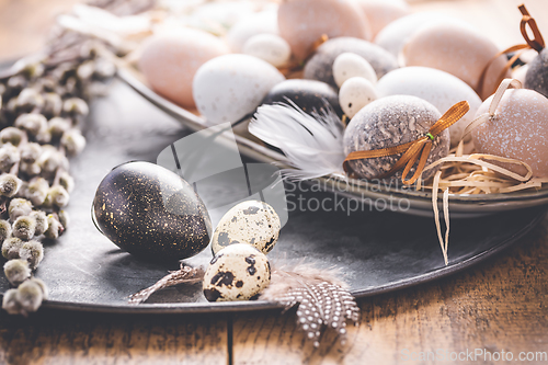 Image of Easter eggs with pussy-willow branch on wooden kitchen table