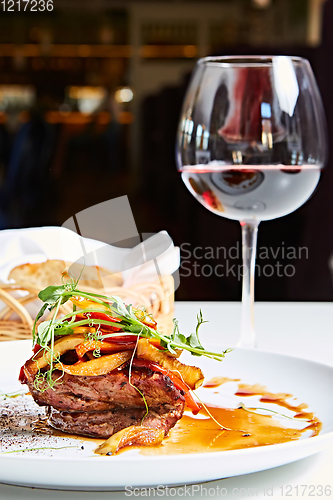 Image of Delicious beef steak with vegetables. Shallow dof.