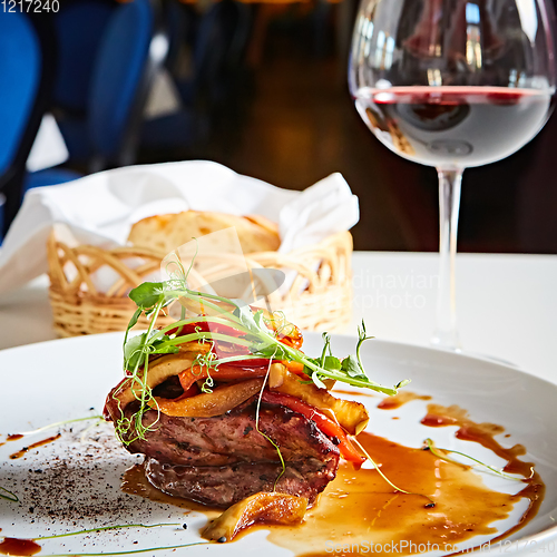 Image of Delicious beef steak with vegetables. Shallow dof.