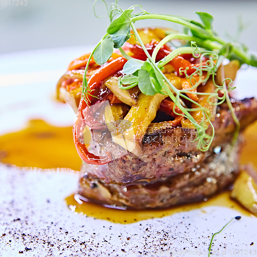 Image of Delicious beef steak with vegetables. Shallow dof.