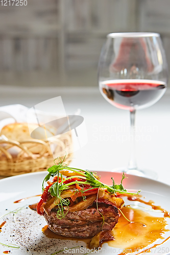 Image of Delicious beef steak with vegetables. Shallow dof.