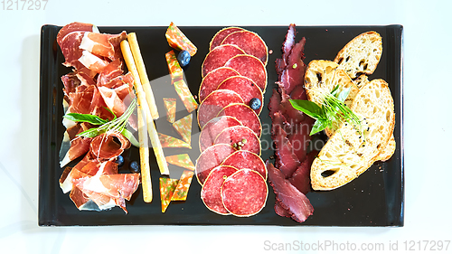 Image of Antipasto Platter Cold meat plate with grissini breadsticks.