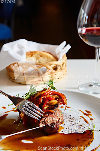 Image of Delicious beef steak with vegetables. Shallow dof.