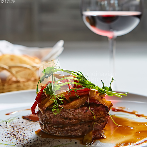 Image of Delicious beef steak with vegetables. Shallow dof.