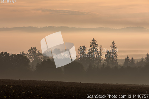 Image of Autumn foggy and misty sunrise landscape