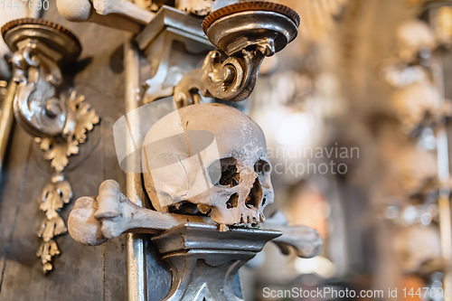 Image of Human skulls and bones in ossuary Sedlec Kostnice