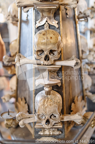 Image of Human skulls and bones in ossuary Sedlec Kostnice