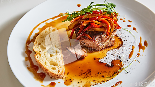 Image of Delicious beef steak with vegetables. Shallow dof.