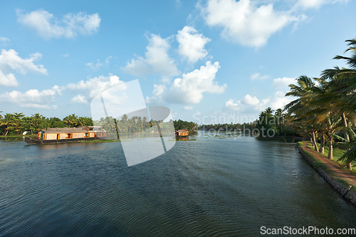 Image of Houseboats on Kerala backwaters. Kerala, India