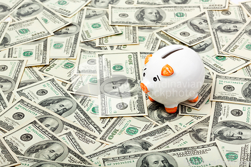 Image of Piggy bank on dollars