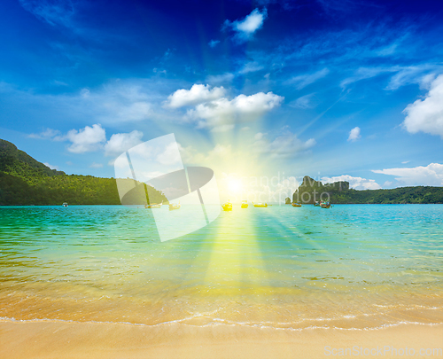 Image of Long tail boats in bay. Thailand