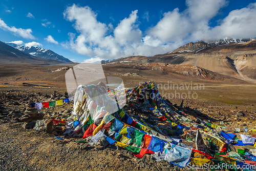 Image of Buddhist prayer flags (lungta) on Baralacha La pass in Himalayas