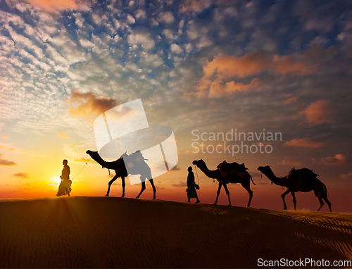 Image of Two cameleers camel drivers with camels in dunes