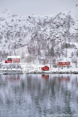 Image of Rd rorbu houses in Norway in winter