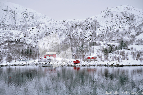 Image of Rd rorbu houses in Norway in winter