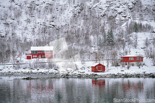 Image of Rd rorbu houses in Norway in winter