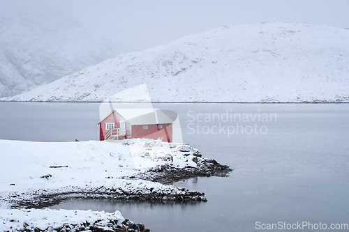 Image of Red rorbu house in winter, Lofoten islands, Norway