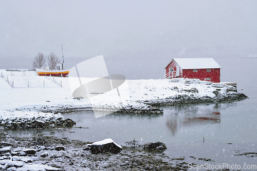 Image of Red rorbu house in winter, Lofoten islands, Norway