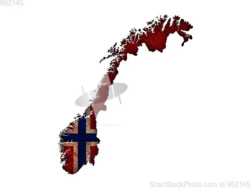 Image of Map and flag of Norway on rusty metal