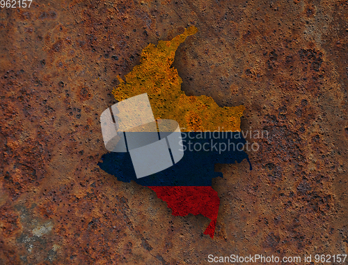 Image of Map and flag of Colombia on rusty metal