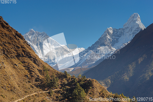 Image of Everest, Lhotse and Ama Dablam summits. 