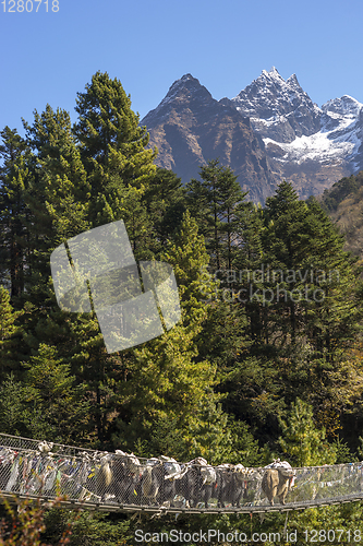 Image of Yaks caravan crossing suspension bridge in Himalayas