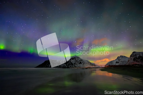 Image of Aurora borealis northern lights. Lofoten islands, Norway