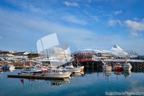 Image of Fishing boats and yachts on pier in Norway