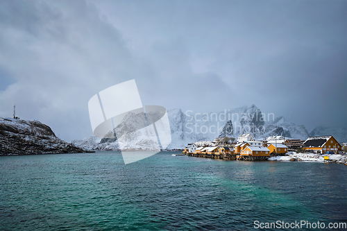 Image of Yellow rorbu houses, Lofoten islands, Norway