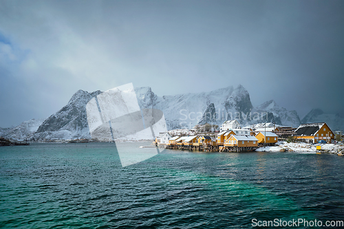 Image of Yellow rorbu houses, Lofoten islands, Norway