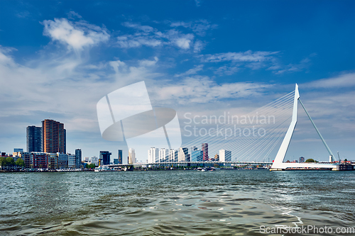 Image of View of Rotterdam over Nieuwe Maas with Erasmusbrug bridge. Rottherdam, the Netherlands