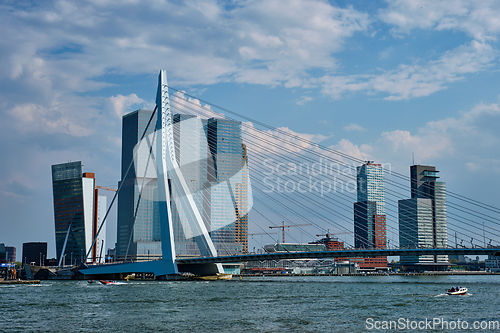 Image of View of Rotterdam cityscape with Erasmusbrug bridge over Nieuwe Maas and modern architecture skyscrapers