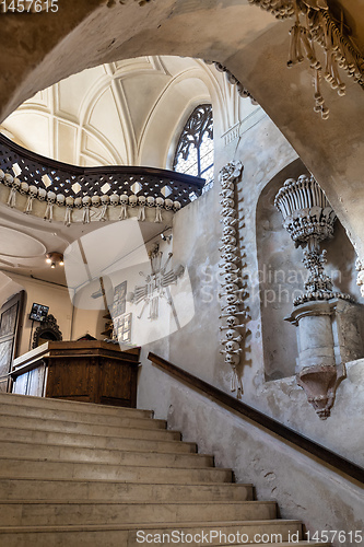 Image of Human skulls and bones in ossuary Sedlec Kostnice