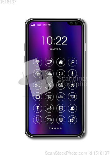 Image of All screen smartphone with icon set isolated on white. 3D render