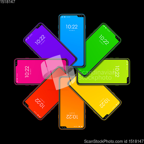 Image of Rainbow colorful smartphone set in circle shape. isolated on bla