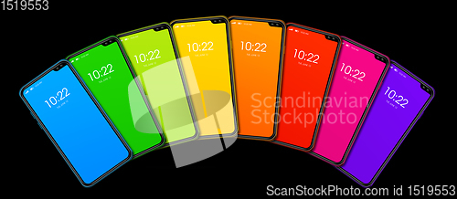 Image of Rainbow colorful smartphone set banner. Isolated on black. 3D re