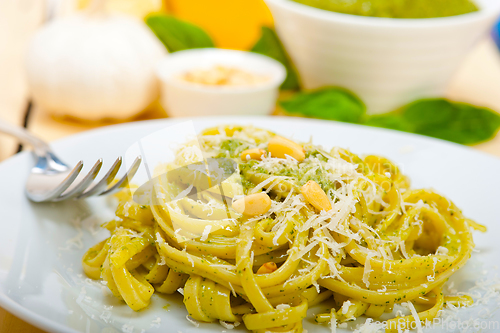 Image of Italian traditional basil pesto pasta ingredients