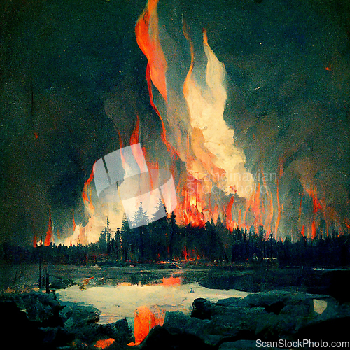 Image of Burning forest spruces in fire flames, nature disaster concept  