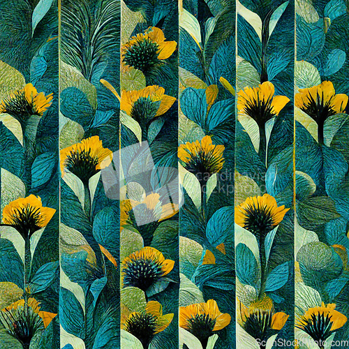 Image of Teal and yellow abstract flower pattern for prints, wall art.