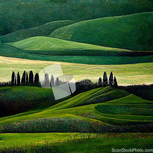 Image of Well known Tuscany landscape with grain fields, cypress trees an