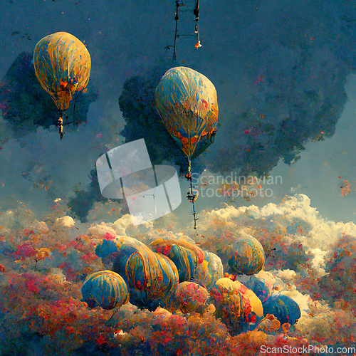 Image of Beautiful fantasy hot air balloons against a blue sky and clouds