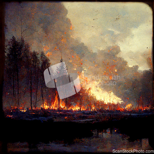 Image of Burning forest spruces in fire flames, nature disaster concept  