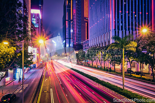 Image of Street traffic in Hong Kong at night