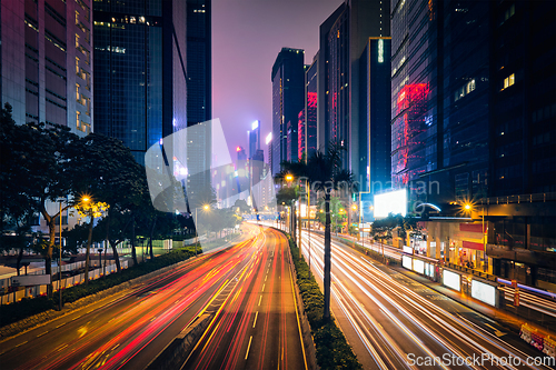 Image of Street traffic in Hong Kong at night