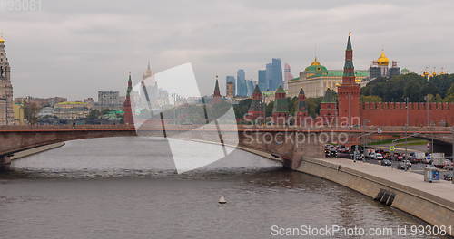 Image of Sunny summer day moscow river bay kremlin.
