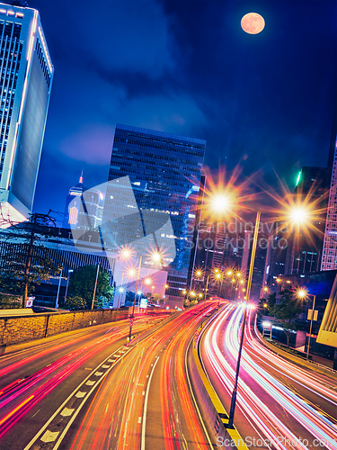 Image of Street traffic in Hong Kong at night