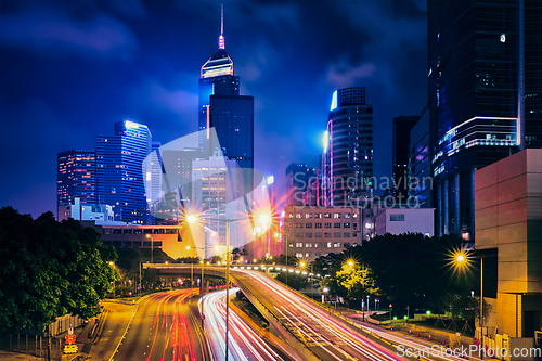 Image of Street traffic in Hong Kong at night