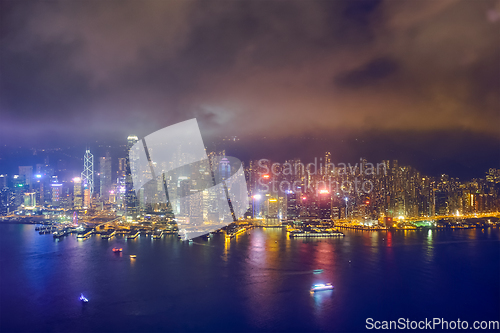 Image of Aerial view of illuminated Hong Kong skyline. Hong Kong, China